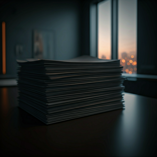 A high-end, dark, and moody corporate office interior in Erbil. Large floor-to-ceiling windows reveal a soft evening city glow. The interior features minimalist furniture, polished dark surfaces, and warm ambient spotlighting on a single stack of important documents.