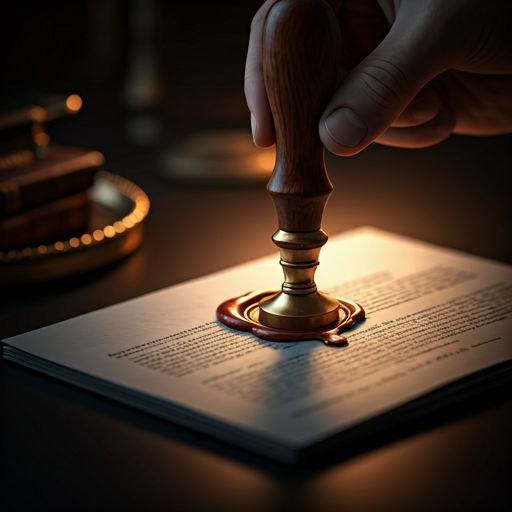 A close-up, dramatic shot of a wax seal being pressed onto a formal document, lit with warm gold-toned side lighting that creates deep shadows and sparkling highlights on the melting wax.